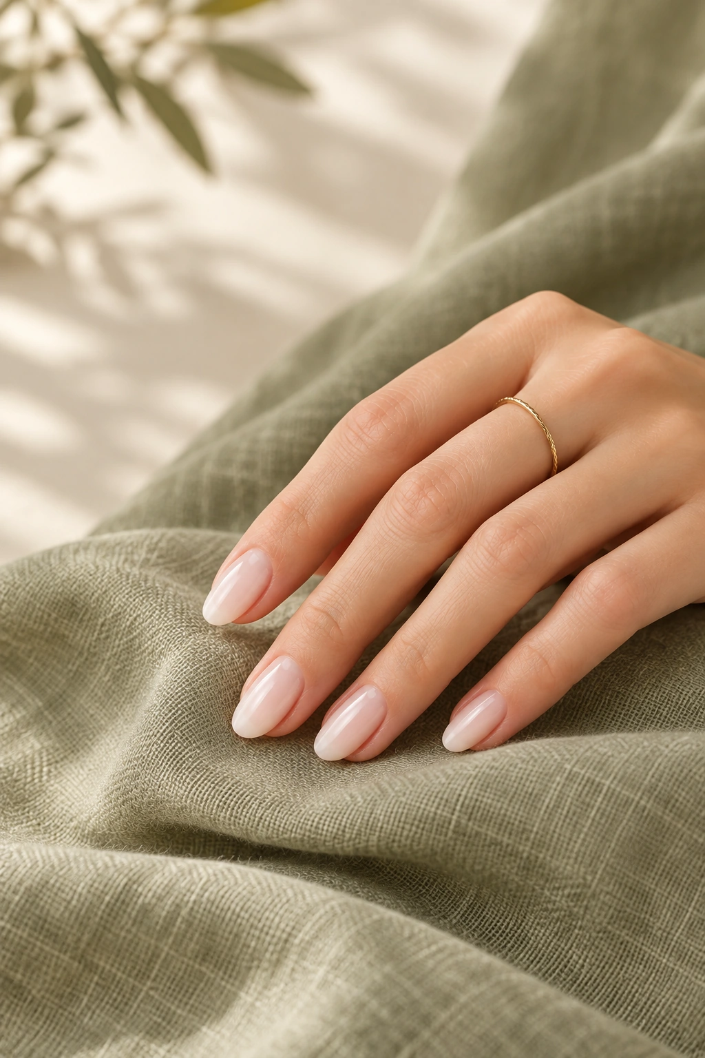 Unhas em tom nude sobre tecido em verde oliva, com acabamento delicado